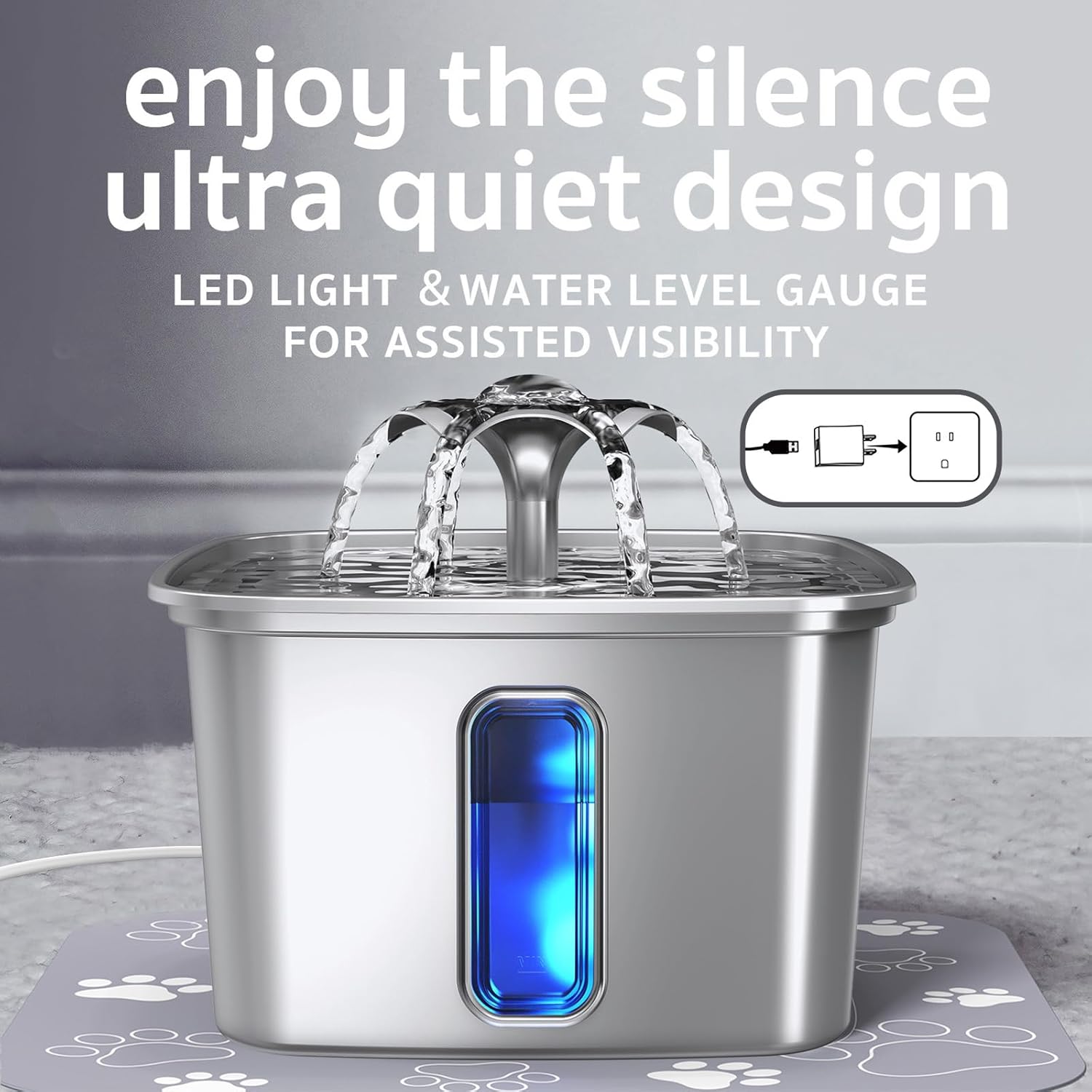Veken Innovation Award Winner Stainless Steel Cat Water Fountain, 108oz/3.2L Automatic Pet Fountain Dog Water Dispenser with 6 Replacement Filters & Silicone Mat for Cats, Dogs, Multiple Pets (Silver)