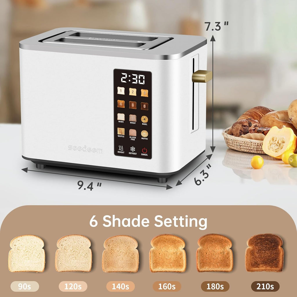 SEEDEEM Toaster 2 Slice, Touch Control Screen, Smart Stainless Toaster, 6 Shade Setting, 6 Bread Selection, Countdown, Removable Crumb Tray, 900W, Pearl White