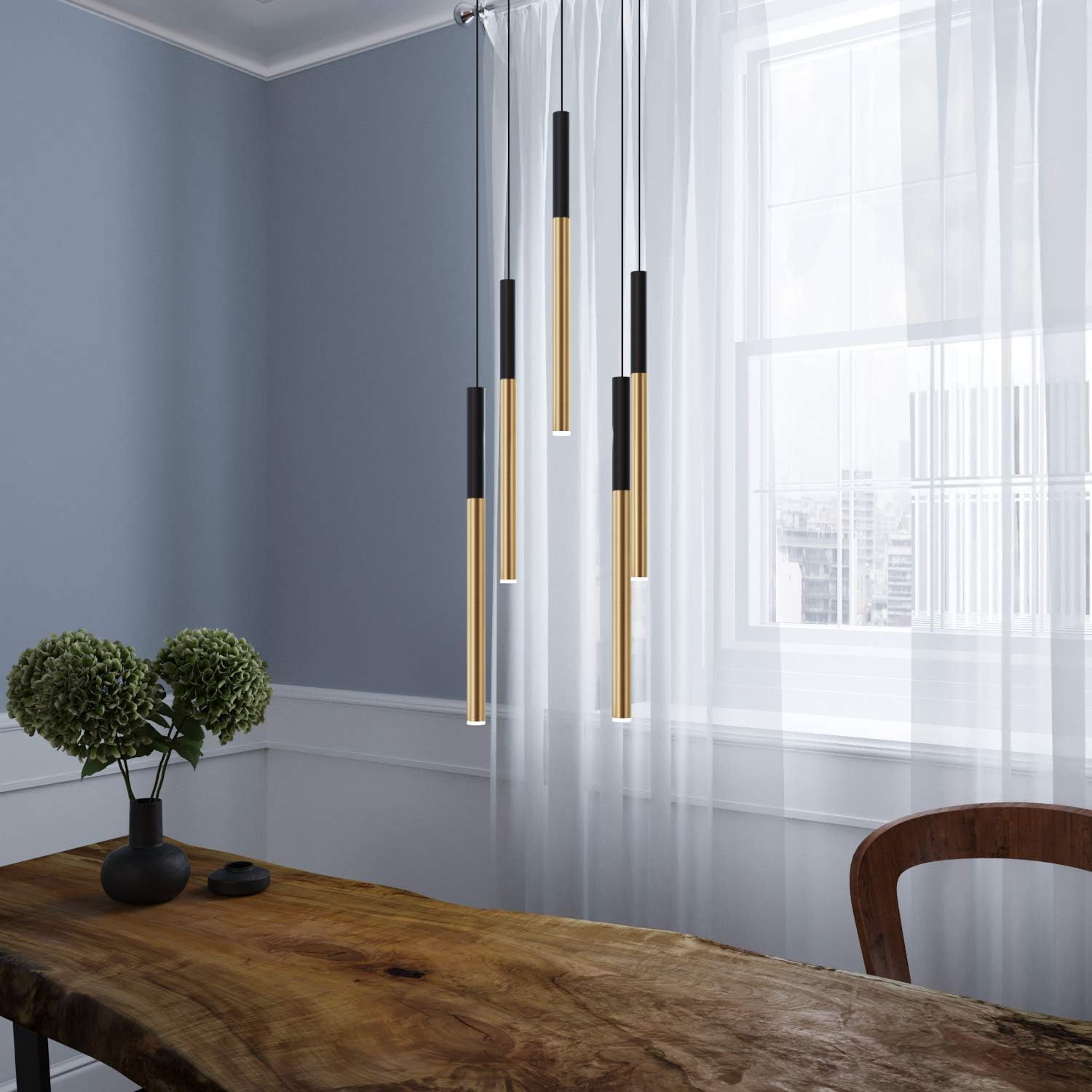 ALTAIR 5 Mini Pendant Lighting Black-Brass - LED Hanging Light Fixture for Kitchen Island, Bar, Foyer - Cluster Pendants - Dimmable, Adjustable Wire, Lamp Bulb Included