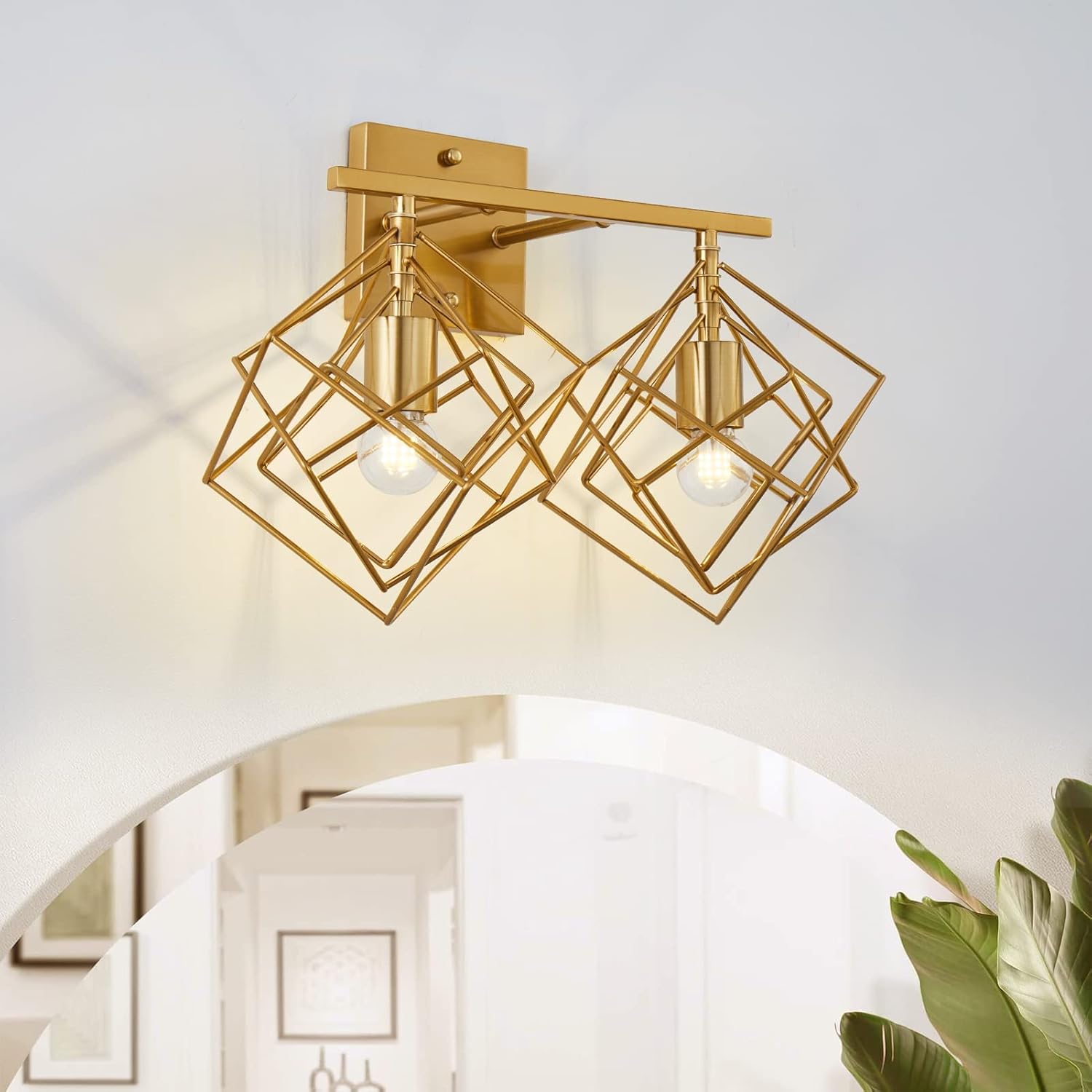 Bathroom Vanity Light with 2 Bulbs Bathroom Light Fixtures Over Mirror with Rotatable 2 Cube Shades Modern Wall Mounted Brushed Brass