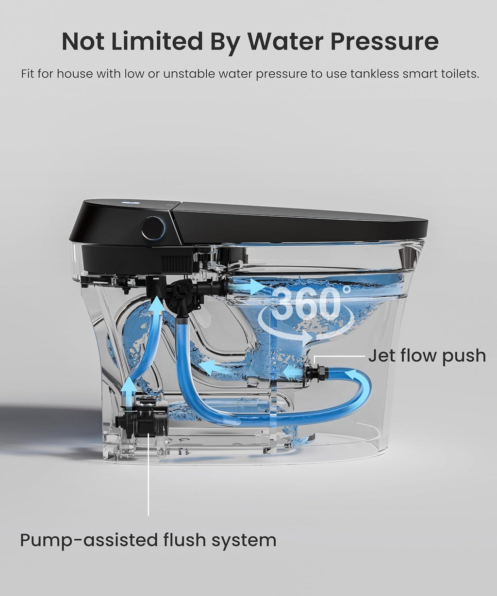 CANEST Black Smart Toilet, Tankless Bidet Toilet with Heated Seat, Foot Sensor Operation, Auto Open & Close, Dual Auto Flush, Warm Water, LED Display, Night Light, Wireless Remote Control (TC-200BG)