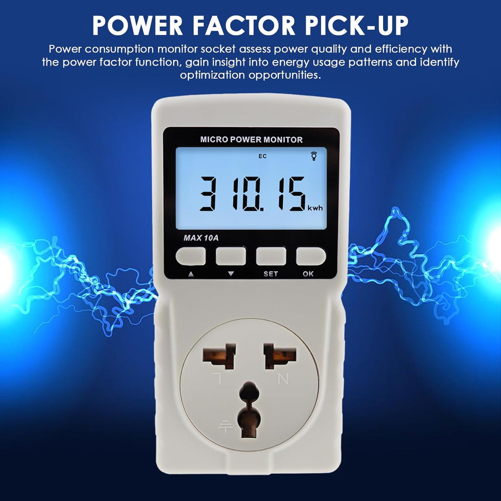 Electricity Monitor, Digital Power Overload Protection LCD Plug in Power Watt Voltage Meter, 8 Display Modes for Energy Saving, Watt Meter Outlet, Energy Consumption Factor, Power Consumption Monitor