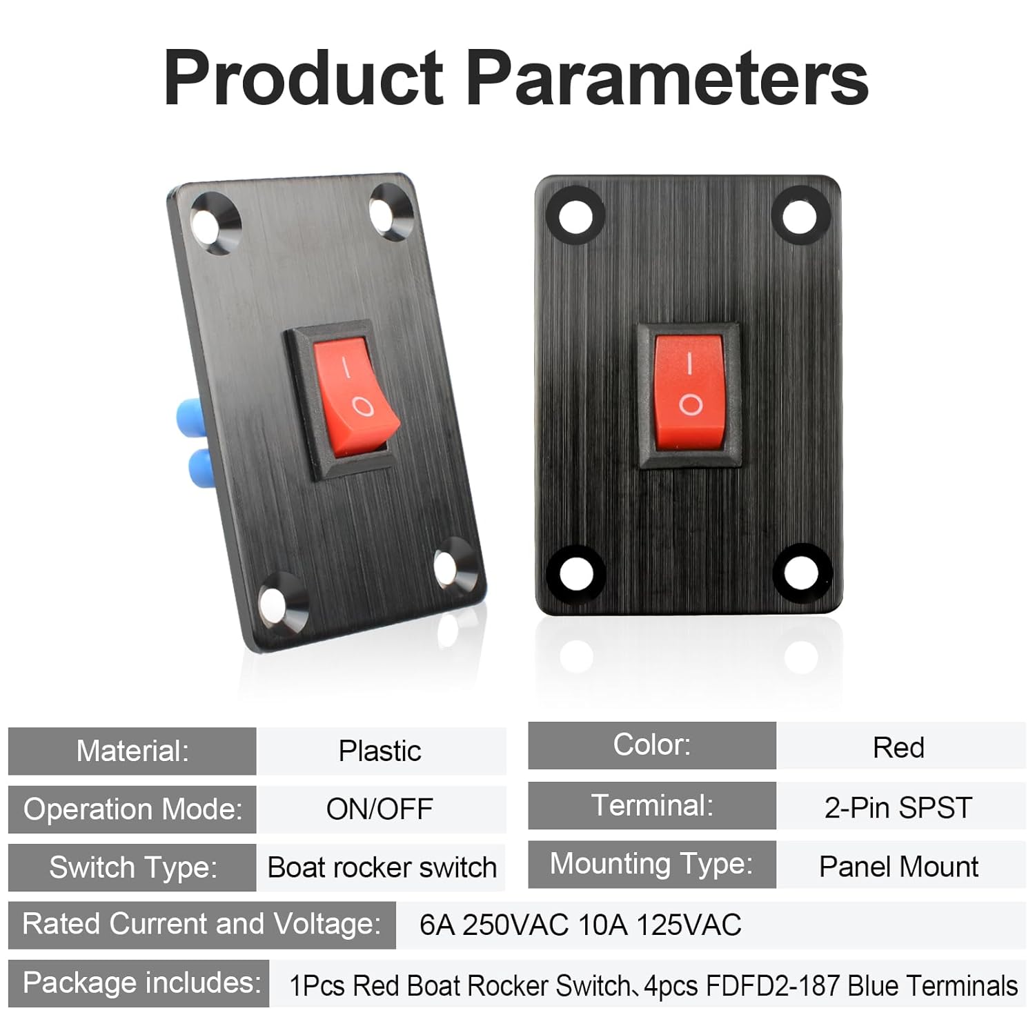 1Pcs Red KCD1 Boat Rocker Switch 2-Position 2-Pin SPST Panel Switch 6A 250VAC 10A 125VAC, with 4pcs FDFD2-187 Blue Terminals, CE