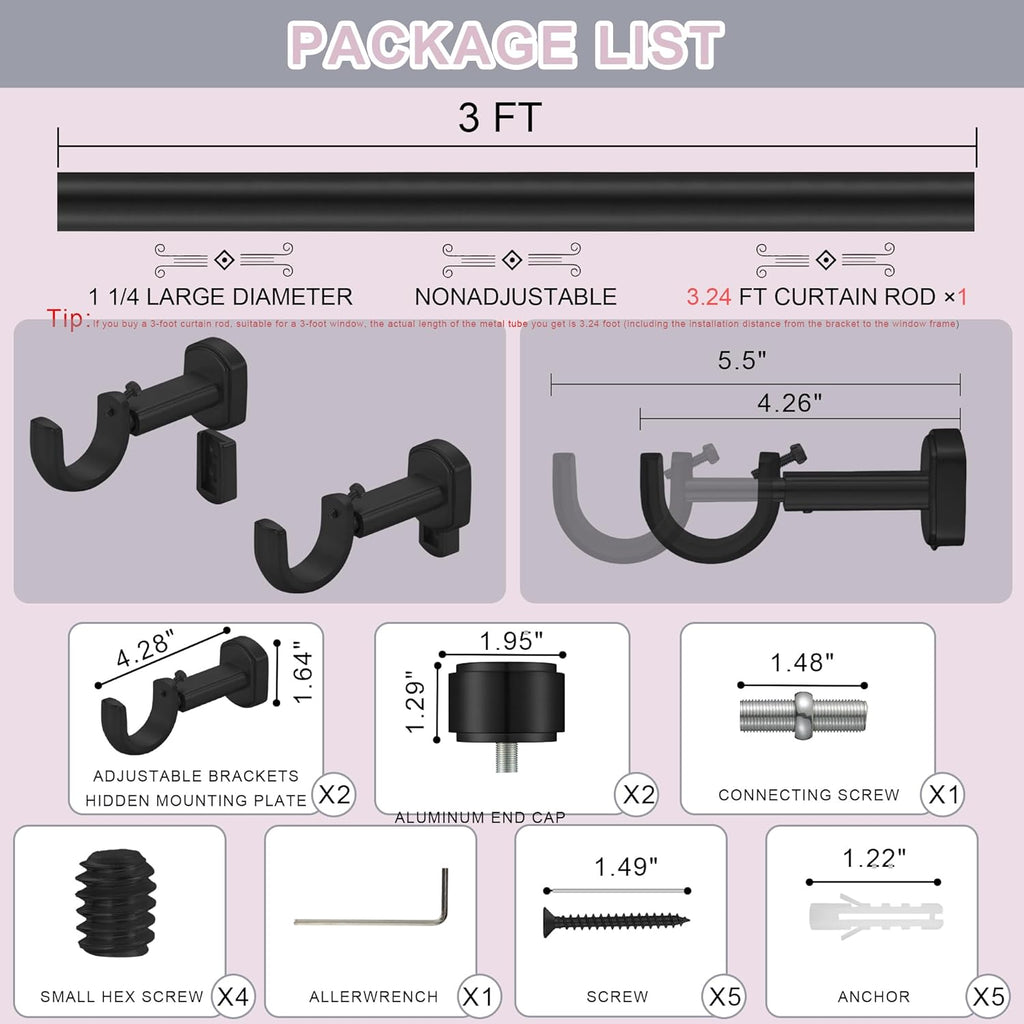 Heavy Duty Curtain Rods - 1 1/4" Large Diameter Premium Nonadjustable Curtain Rod - 36in/3ft Custom Window Treatment Rods with Durable Aluminum Brackets and End Caps,Black Finish