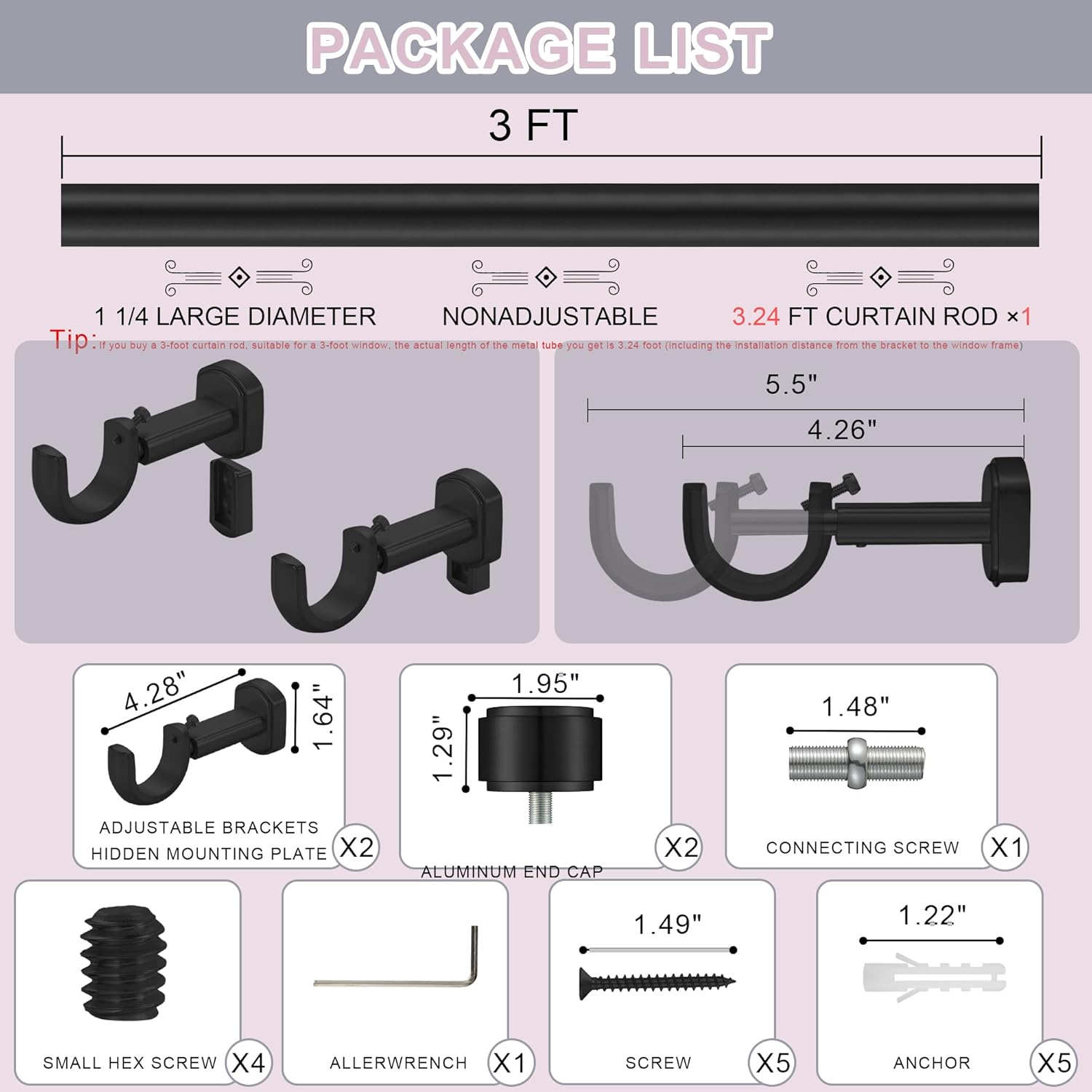 Heavy Duty Curtain Rods - 1 1/4" Large Diameter Premium Nonadjustable Curtain Rod - 36in/3ft Custom Window Treatment Rods with Durable Aluminum Brackets and End Caps,Black Finish