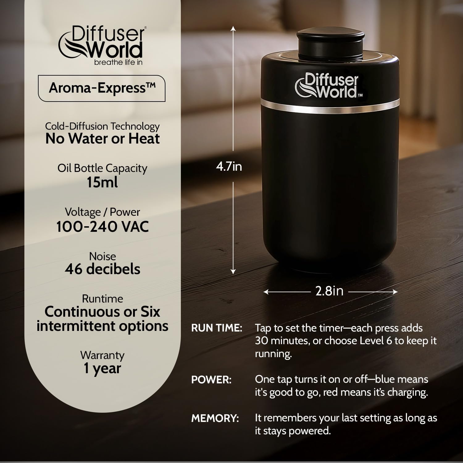 600 Sq Ft Waterless Diffuser for Essential Oils, Aroma Express Black Portable Aroma Atomizer for Room Fragrance, Home Scent Machine, Air Aromatherapy