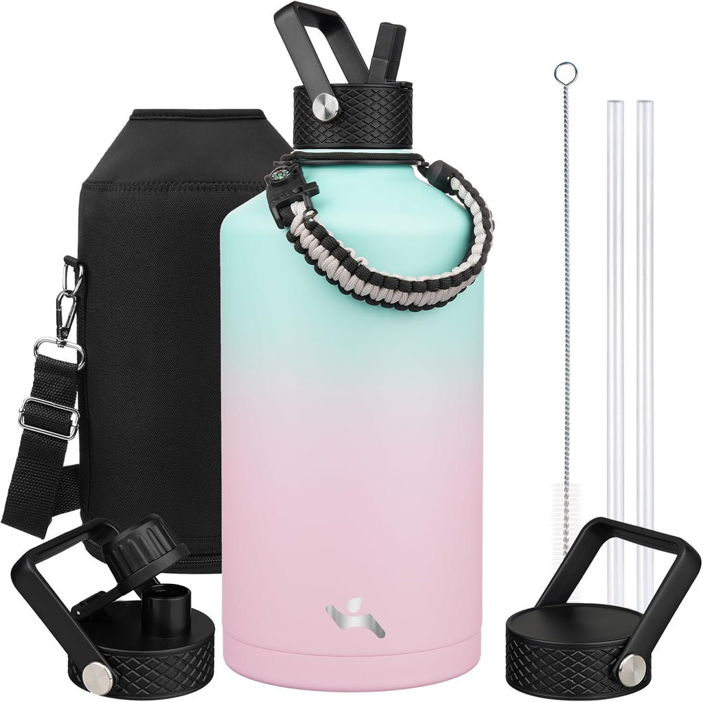 Gallon Insulated Water Bottle with Straw,128 oz 3 Lids Water Jug with Carrying Bag,Paracord Handle, Double Wall Vacuum Stainless Steel Metal Flask,Gum