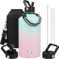 Gallon Insulated Water Bottle with Straw,128 oz 3 Lids Water Jug with Carrying Bag,Paracord Handle, Double Wall Vacuum Stainless Steel Metal Flask,Gum