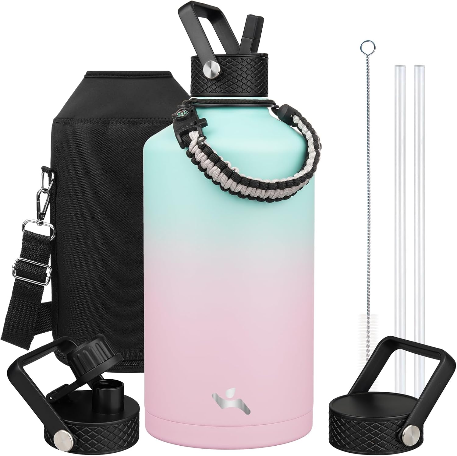 Gallon Insulated Water Bottle with Straw,128 oz 3 Lids Water Jug with Carrying Bag,Paracord Handle, Double Wall Vacuum Stainless Steel Metal Flask,Gum