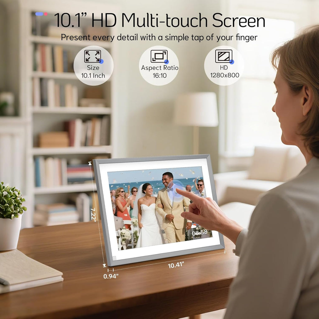 NexFoto 10.1” Digital Picture Frame 64GB, HD Touchscreen WiFi Electronic Photo Frame, Share Photos/Videos via APP/USB, Add Pics from Google Photos, Gift for Christmas/Mom/Grandparents, Silver