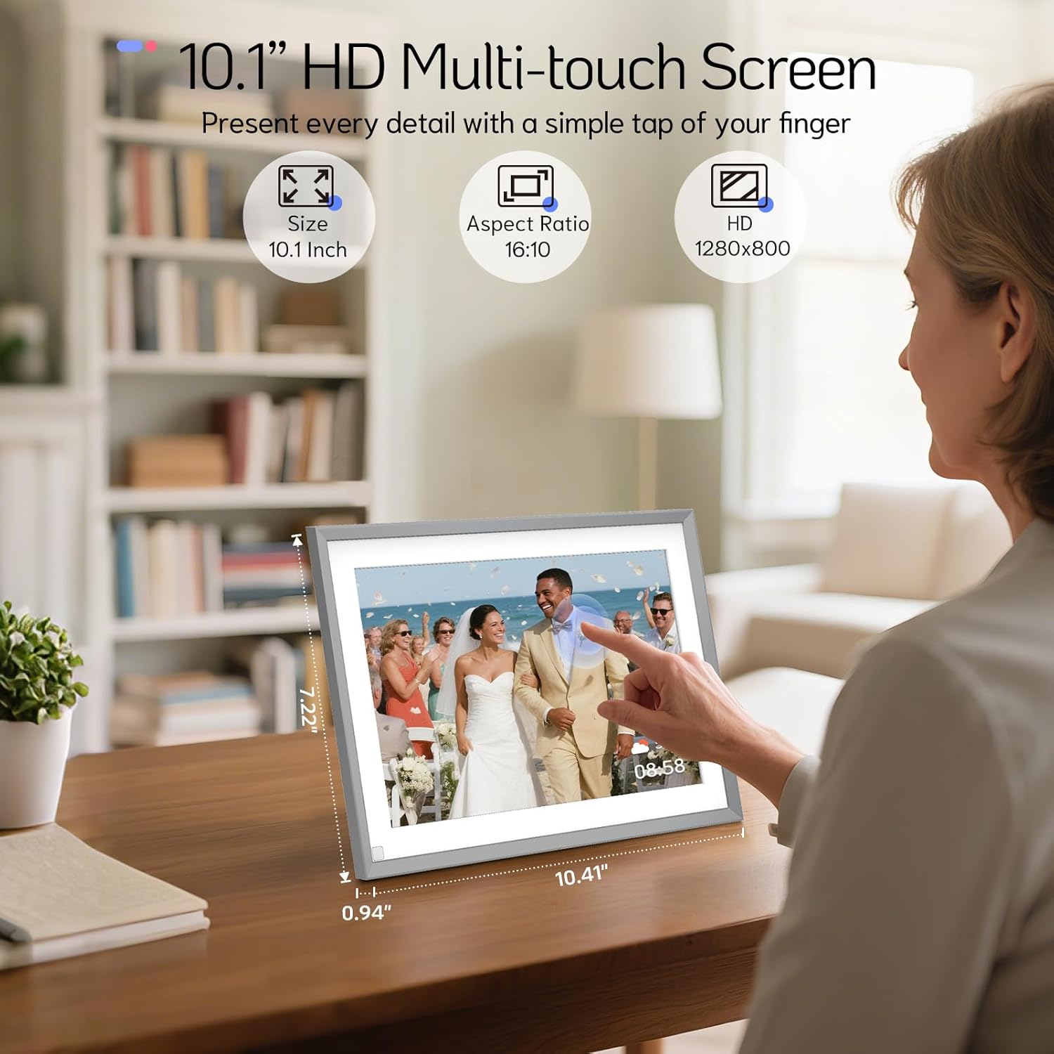 NexFoto 10.1” Digital Picture Frame 64GB, HD Touchscreen WiFi Electronic Photo Frame, Share Photos/Videos via APP/USB, Add Pics from Google Photos, Gift for Christmas/Mom/Grandparents, Silver
