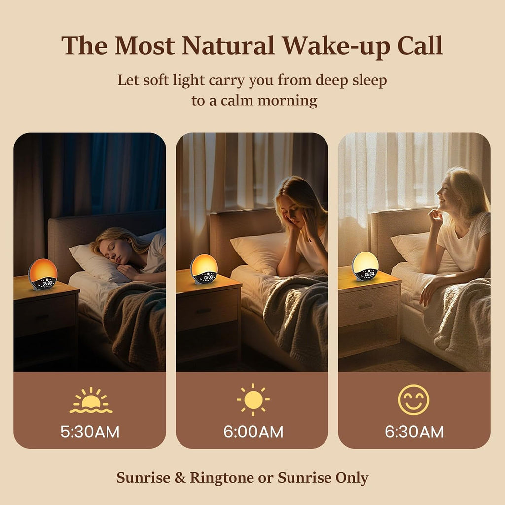 Wake Up Light Sunrise Alarm Clock for Bedrooms, Rechargeable Sound Machine Night Light, 28 Sleep Sounds, 12 Colors, Dual Alarms, White Noise Sound Machine for Baby and Adults