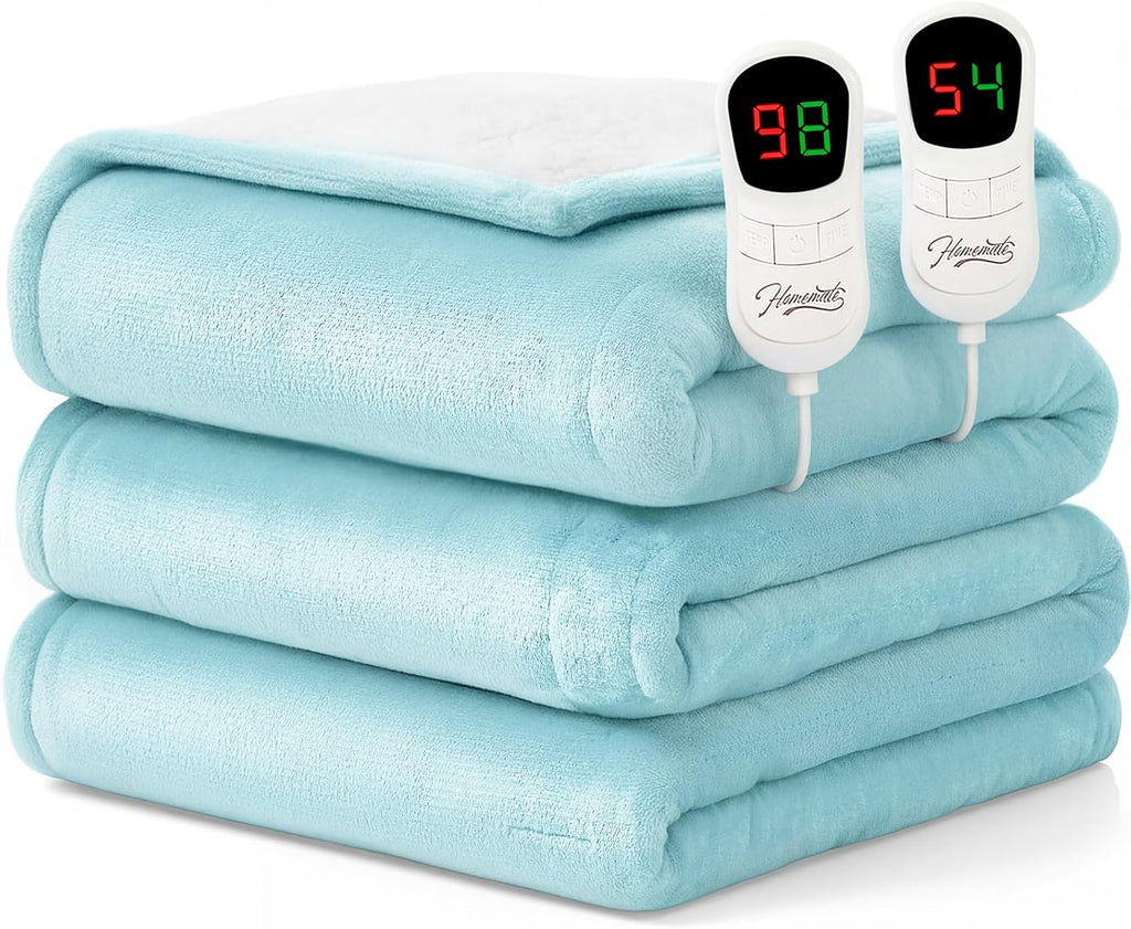 Homemate Electric Heated Blanket Queen Size - 84"x90" Heating Blanket Queen Size Dual Control 1/2/4/6/8 Hours Auto-Off 10 Heat Level Over-Heat Protection Flannel Sherpa ETL Certification