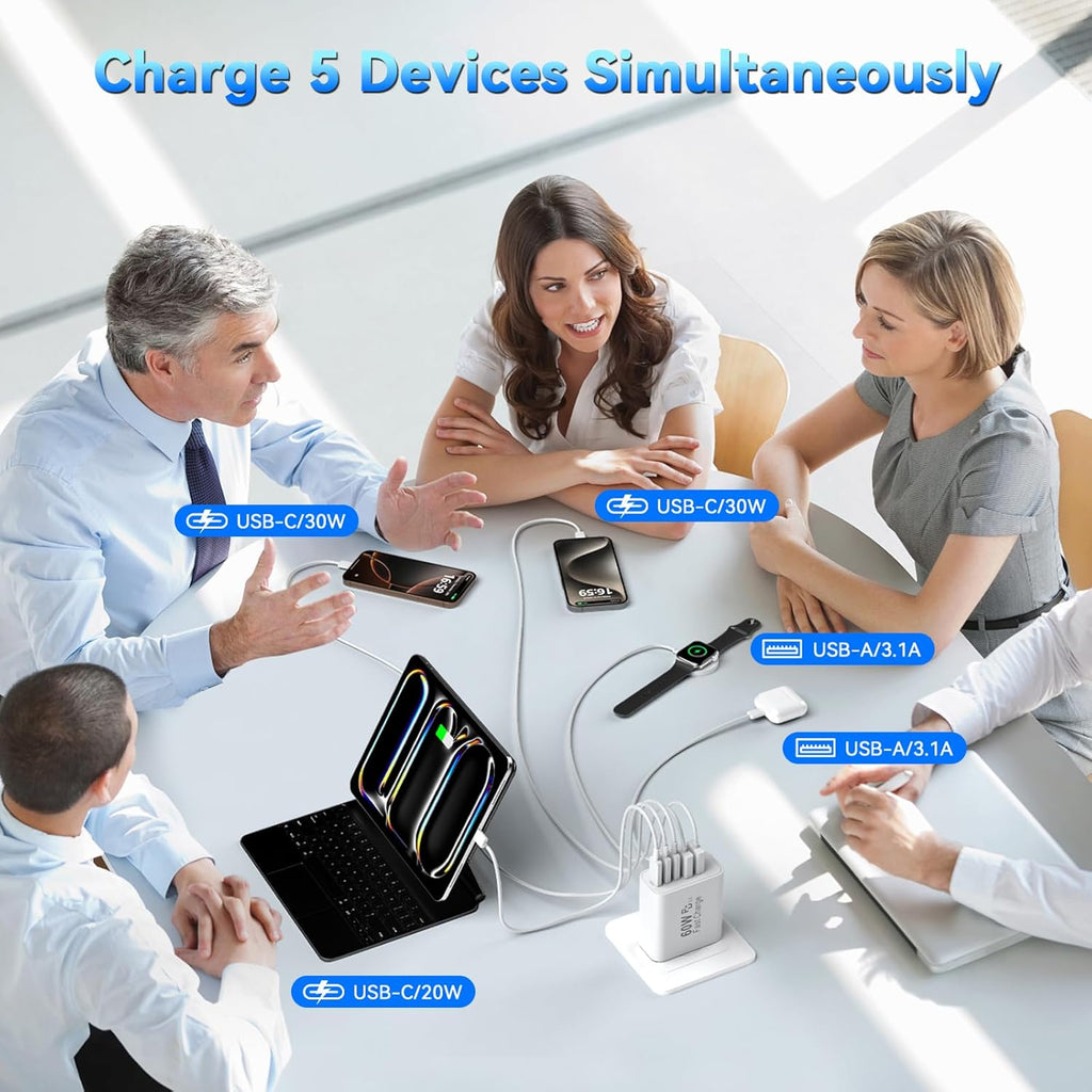 USB C Fast Charger Block, 60W 5-Port USB C Wall Charging Blocks, Type C Chargers Fast Charging Brick, 3USB C+2USB A PD&QC3.0 Multiport Charger Plug for Phone 17/16/15/14/13 Pro Max, White+Purple