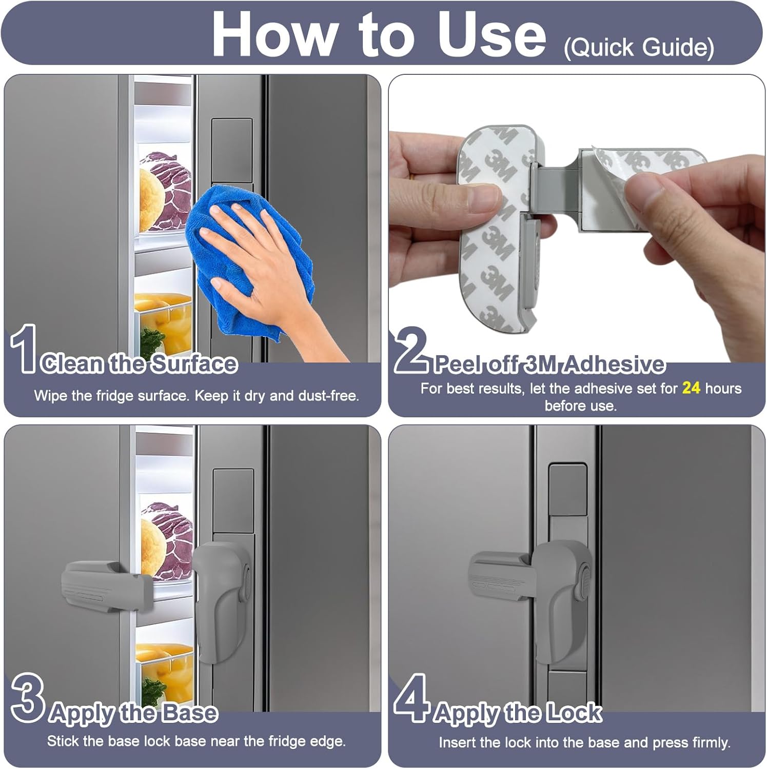 Fridge Lock for Kids, Childproof Refrigerator Door Lock, Fridge Latch with 3M Adhesive, Freezer Locks Automatically Closed, No Drill No Screw, More Security for Kids/Pets (2 Pack, Gary)