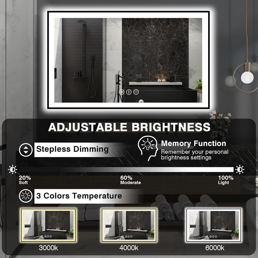 60x36 LED Mirror for Bathroom - Black Aluminum Framed (Front and Backlit),Anti-Fog Stepless 3 Colors Dimmable Lighted Smart Bathroom Mirror with Lights(Horizontal/Vertical)
