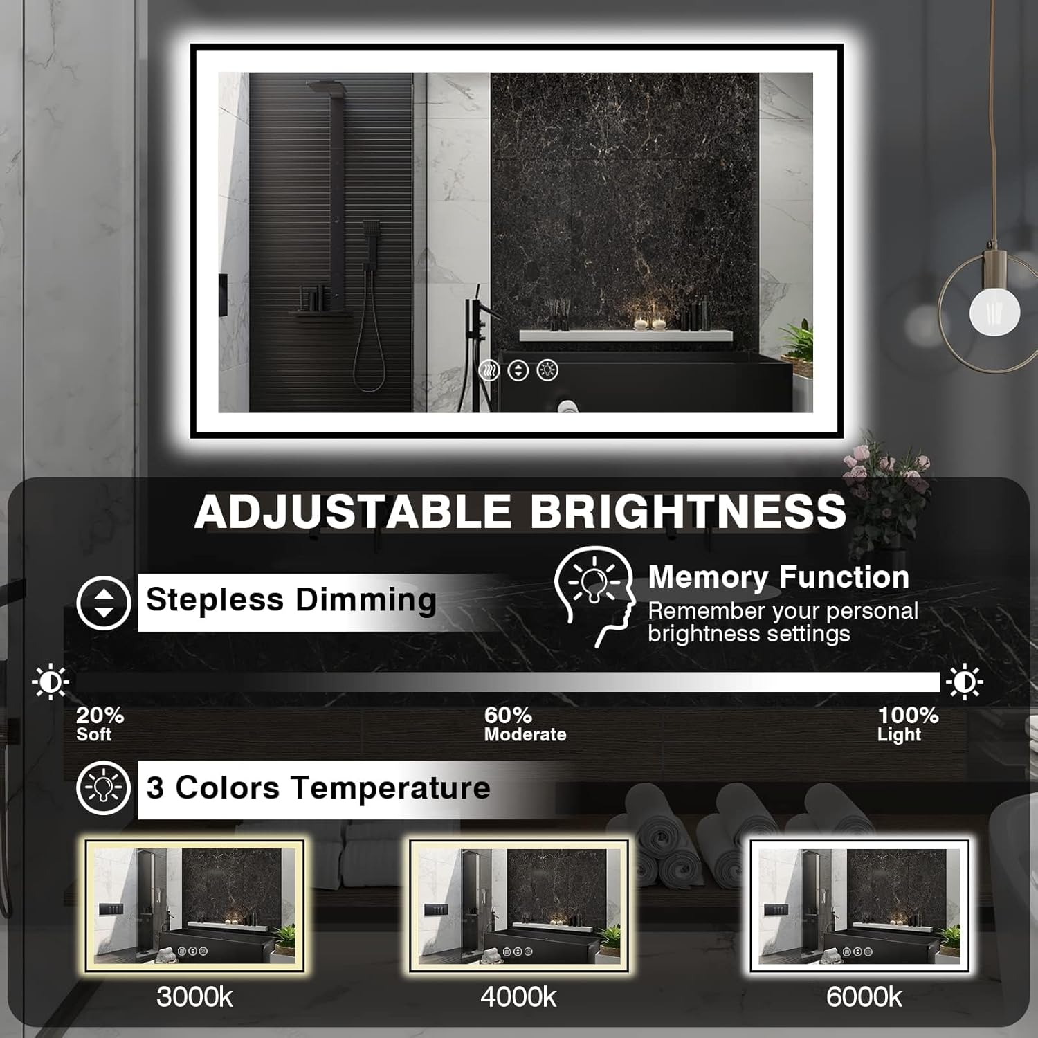 60x36 LED Mirror for Bathroom - Black Aluminum Framed (Front and Backlit),Anti-Fog Stepless 3 Colors Dimmable Lighted Smart Bathroom Mirror with Lights(Horizontal/Vertical)