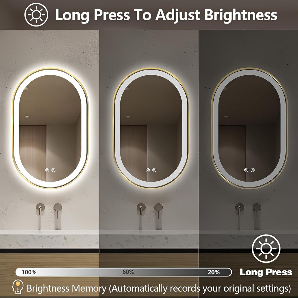 Niccy Oval LED Mirror for Bathroom, 32x20 Front Lit + Backlit Vanity Mirrors with Light Anti-Fog, Shatter-Proof, 3 Colors, Makeup Mirror with Old Gold Frame (Horizontal/Vertical)