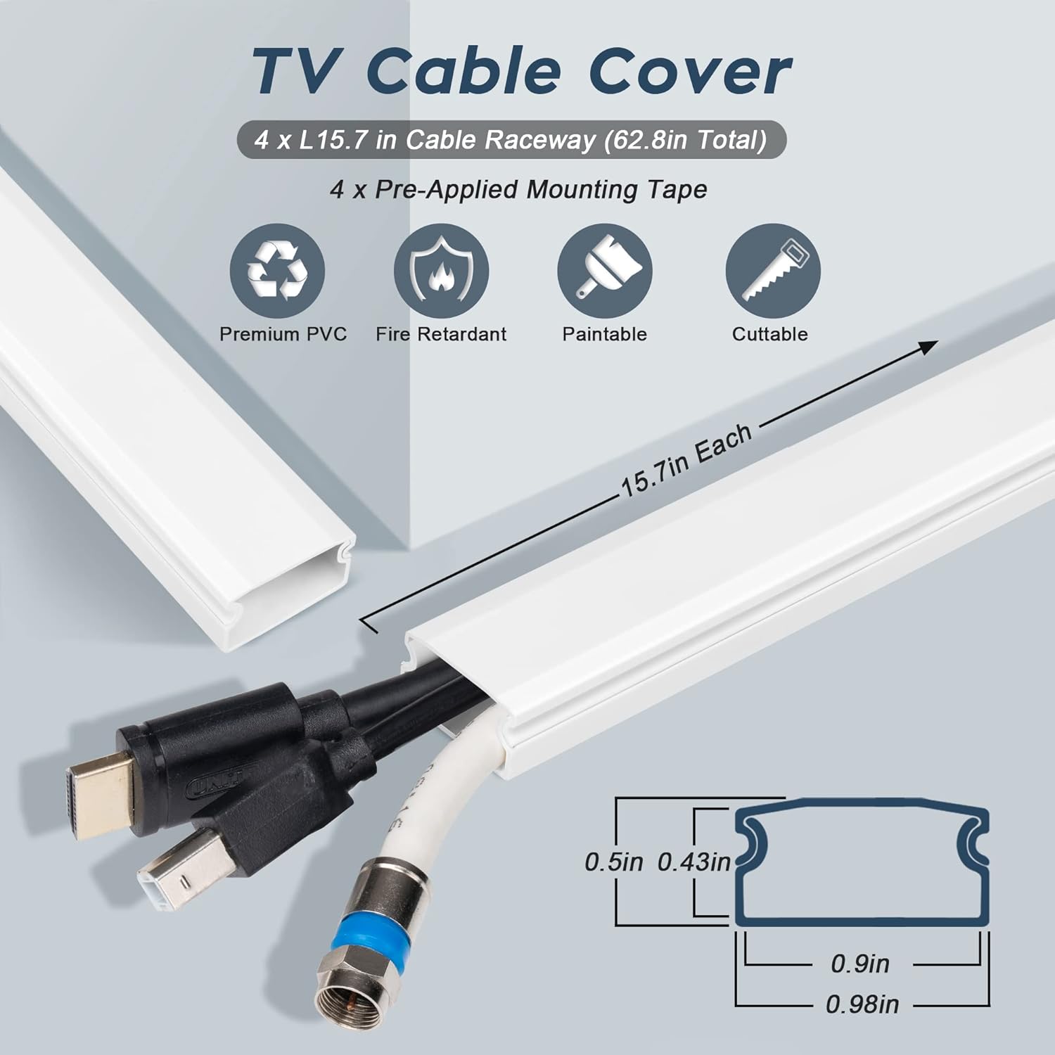 62.8in Cable Cover Wall, Beige Wire Cover for Wall, Paintable Cord Cover Wall Kit, Cord Hiders for TV on Wall, Hide Cords Wall Mounted TV - Cord Concealer Cable Channel 4xL15.7in W0.98in H0.5in