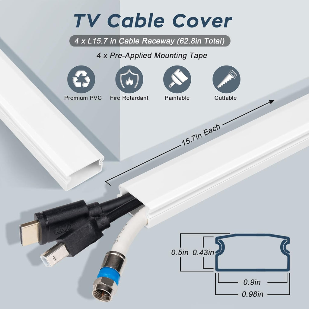 Cable Cover, 62.8in Paintable Cord Cover Kit, Hide Cords for TV, Cord Concealer Cable Channel 4xL15.7in W0.98in H0.5in