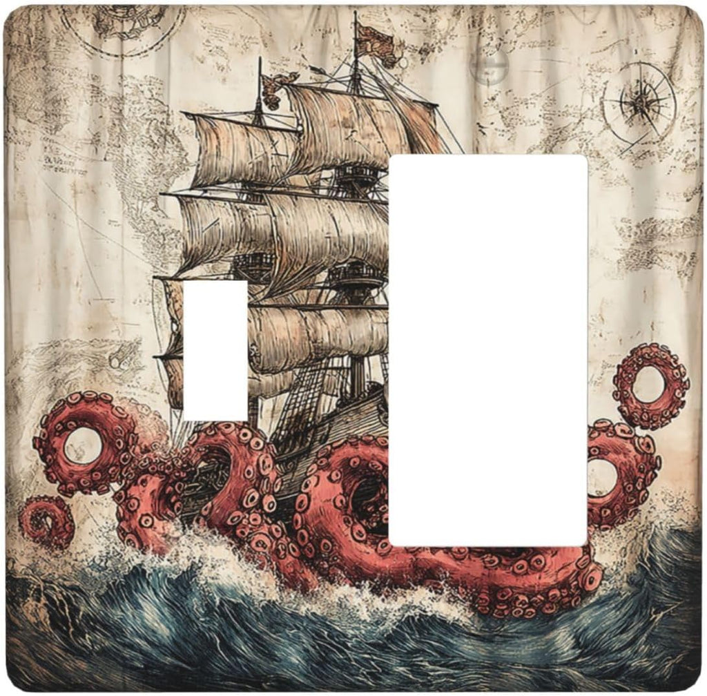 Outlet Covers Vintage Octopus Ocean Sailboat Bizarre Adventure 1 Toggle 1 Rocker Combination Decorative Wall Plate Light Switch Cover Plate Electrical Switch Plates for Bathroom Kids room Decor