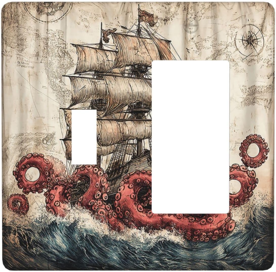 Outlet Covers Vintage Octopus Ocean Sailboat Bizarre Adventure 1 Toggle 1 Rocker Combination Decorative Wall Plate Light Switch Cover Plate Electrical Switch Plates for Bathroom Kids room Decor