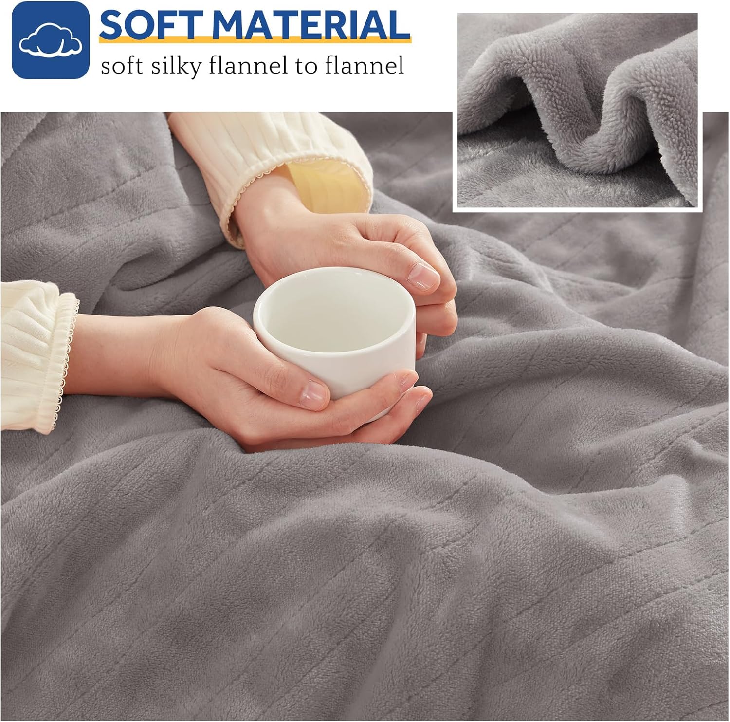 Sealy Heated Throw Blanket, Flannel Electric Blanket Throw with 6 Heating Settings & 2-10 Hours Auto Shut Off, Fast Heating & Machine Washable for Home Office Use, 50x60 Inch, Light Grey