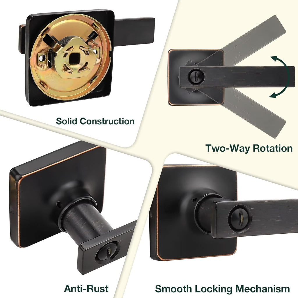 GOBEKOR 2 Pack Bronze Door Handles Interior with Lock Privacy Door Levers Oil Rubbed Bronze Lever Door Handle Interior Keyless Door Locks for Bedroom Bathroom Bronze Square Door Handles