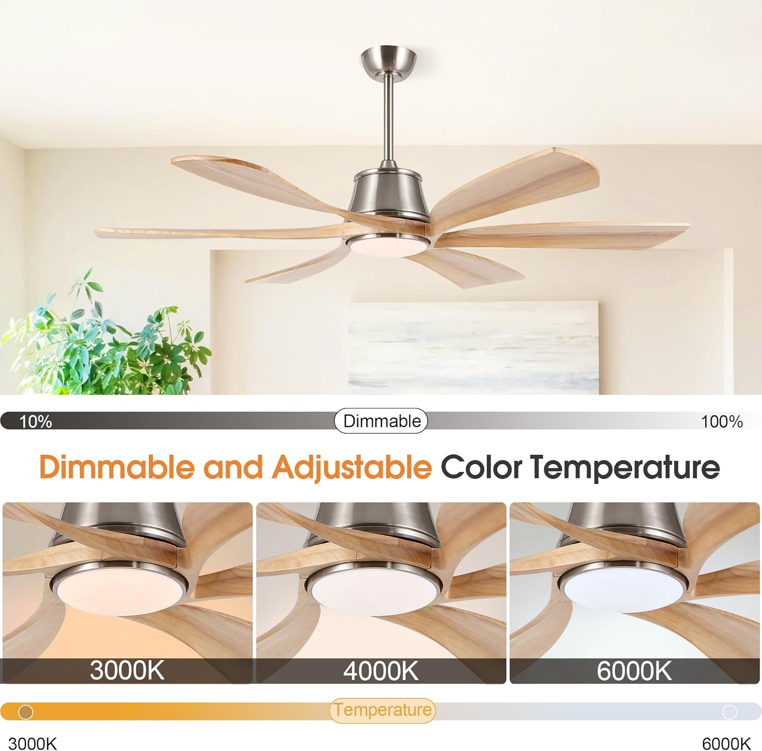 WINGBO 60" Smart Ceiling Fan with Light, Dimmable LED Light, 6-Speed Remote/APP/Voice Control, Solid Wood Blades Fan for Bedroom/Living Room/Shop Works with Alexa or Google Assistant Light Wood Color