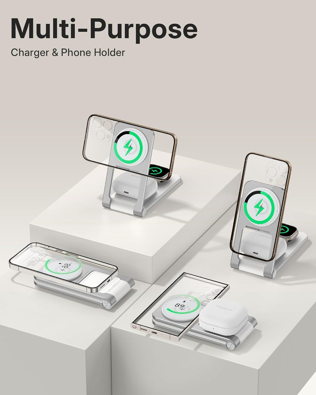 Wireless Mag-Safe Charger Stand for iPhone 17 Pro Max, 3 in 1 Charging Station for Multiple Devices, Metal Foldable Travel Charger for Apple Watch & AirPods, Built-in Retractable USB-C Cable, White