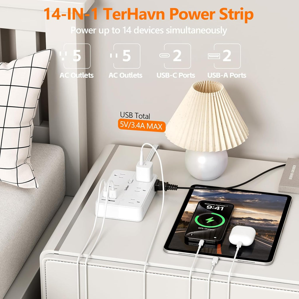 Surge Protector Power Strip-TerHavn 15 FT Flat Extension Cord ，10 AC Outlets & 4 USB Ports(3.4A 17W), 1080J ，Wall Mountable Desktop Charging Station with Flat Plug for Office Supplies and Home, White