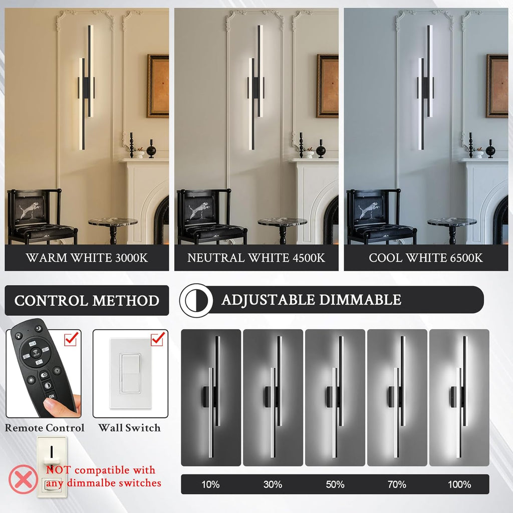 LED Wall Sconce Black Modern Remote Wall Light Fixtures for Living Room, Dimmable LED Vanity Light Indoor Remote Wall Sconce for Bedside Bedroom Bathroom Dining Room, 31.5inch 1 Pack