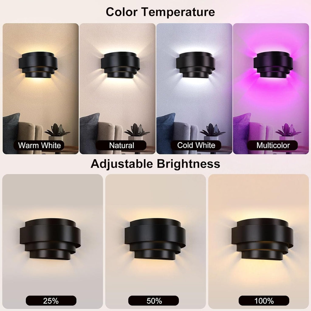 Lightess Wall Sconces Set of 2, Rechargeable Wall Lights with Remote and RGB Bulbs, Black Battery Powered Wall Sconce for Bedroom Living Room Hallway