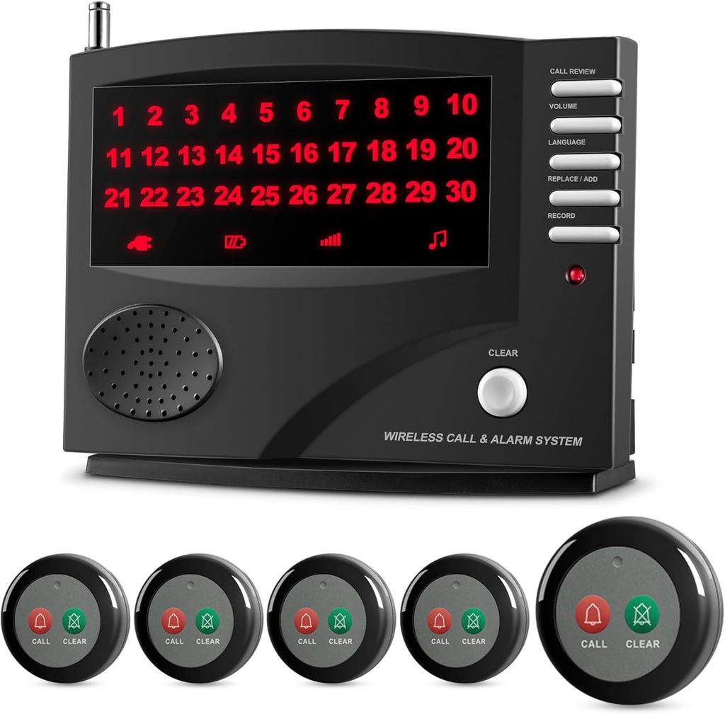 Wireless Call System Nurse Call System with 5 Dual Function Call Buttons and 1 Central Monitoring Unit for Clinic Restaurant Nursing Home Patients Caregiver Residents