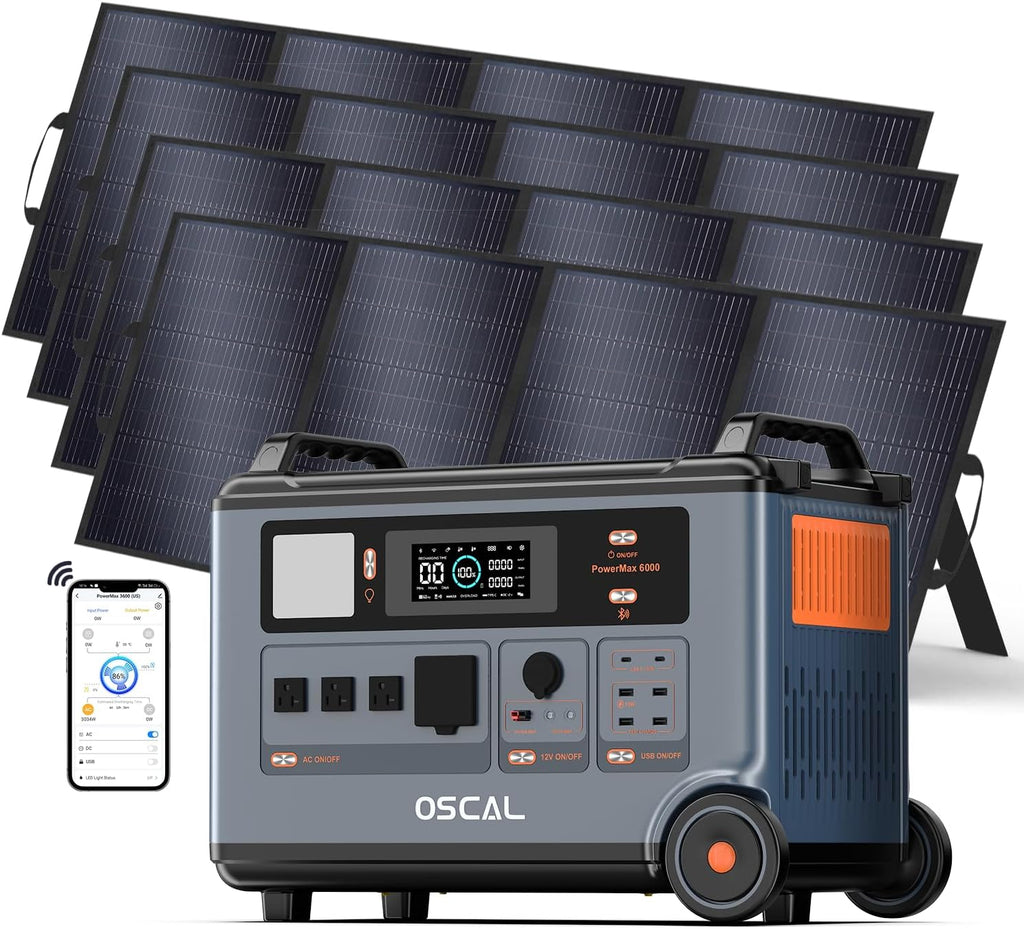 OSCAL 6000W Solar Generator with 4x500W Solar Panel,120V/240V Dual Voltage 3600WH Lifepo4 Battery Promax6000 Portable Power Station with 14 Outlets,2200W 1.96H Fast Charge,for Home Backup.