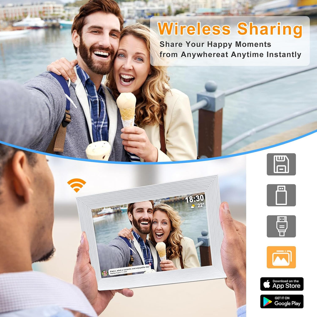 Frameo 10.1 Inch Smart WiFi Digital Photo Frame,Digital Picture Frame with 16GB Storage & SD Slot, Electronic Picture Frame IPS Touch Screen with Auto-Rotate, Frameo Digital Frame WiFi - White