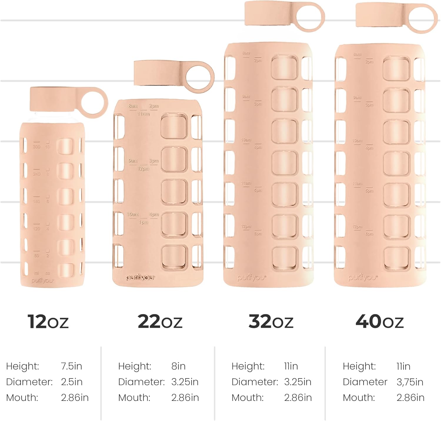 purifyou 40oz / 32oz / 22oz / 12oz Borosilicate Glass Water Bottle with Time & Volume Markers, Silicone Sleeve, Stainless Steel Lid | Reusable Glass Bottle for Water & Juice (12oz Hazelnut)