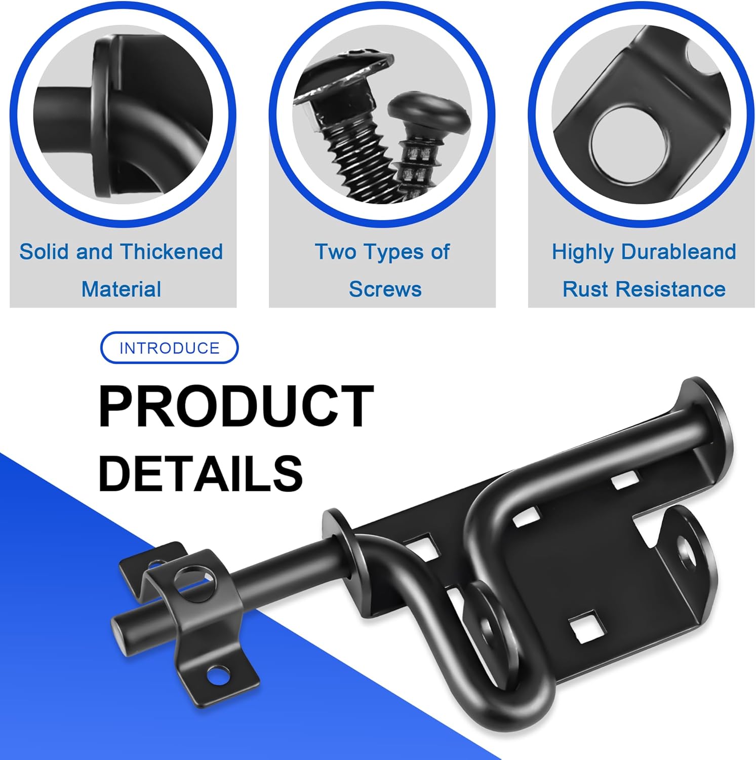 Heavy Duty Slide Bolt Gate Latch with Padlock Hole - Universal Security Lock for Wooden Fence, Metal Gate, Shed Door, Yard Barn, Vinyl Sliding Door - Out/Indoor Waterproof Door Latch, Black