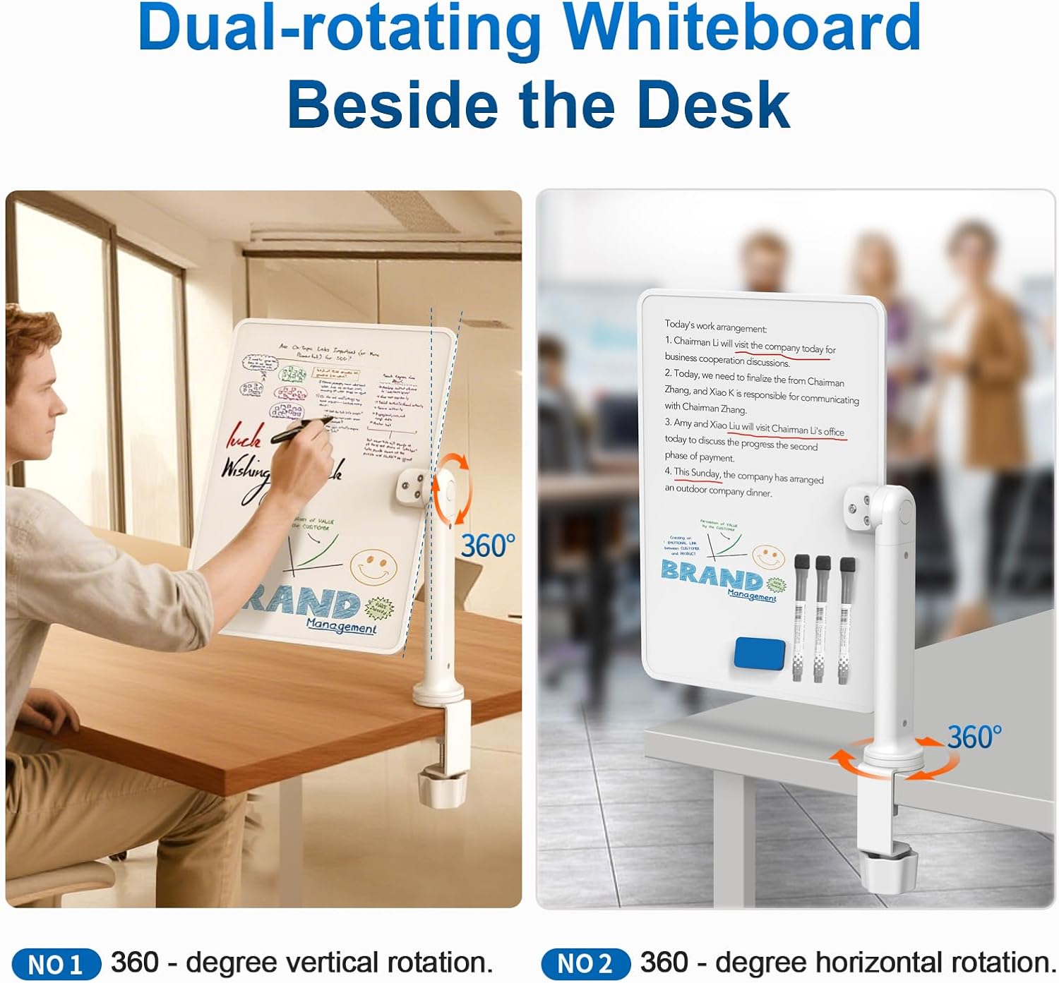 Double-Sided Desk Whiteboard with Dual 360° Swivel - 16" x 12" Clamp-On Desktop Whiteboard for Tables Under 2.3" Thick for Office, Home, School(2pc)