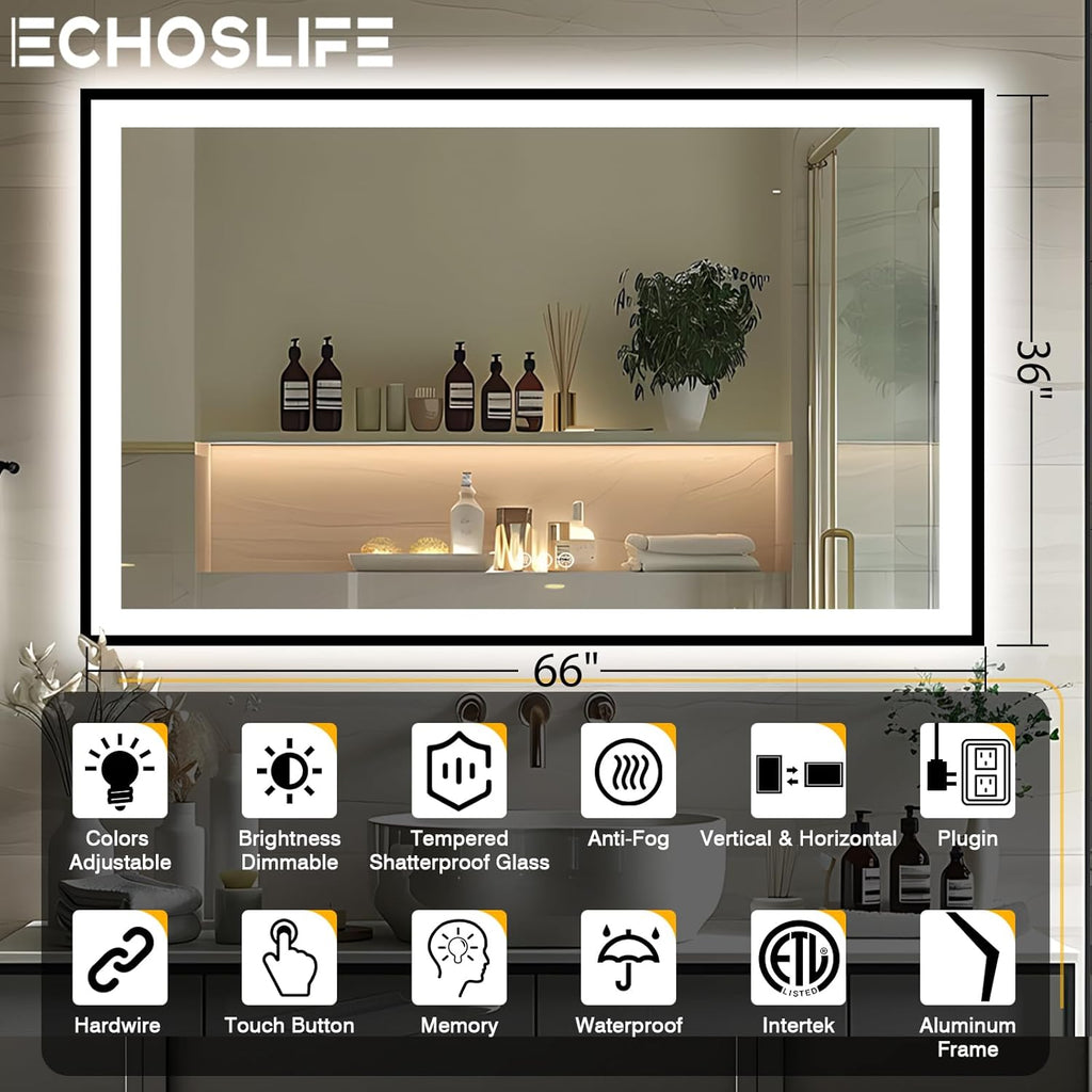 66x36 LED Lit Bathroom Mirror - Black Framed, Front and Backlit LED Mirror, Anti-Fog Bathroom Mirror with Lights, 3 Colors Stepless Dimmable Mirror, Touch Sense (Horizontal/Vertical)