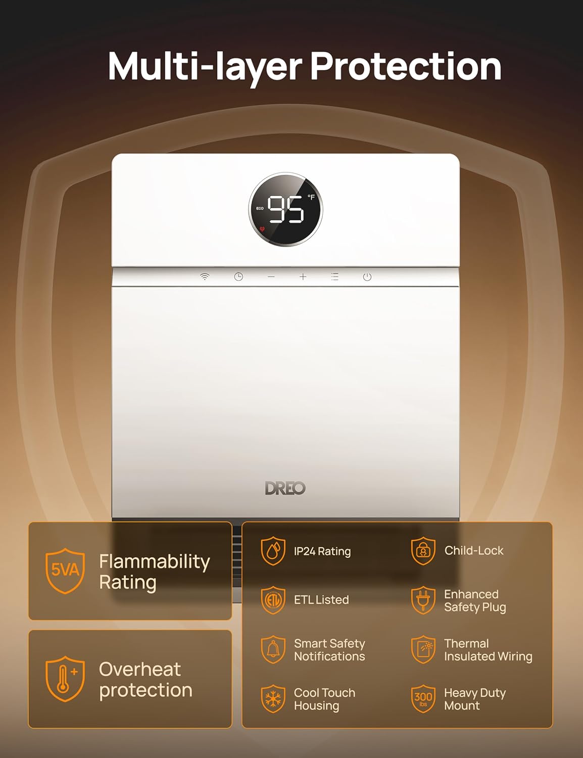 Dreo Smart Wall Heater, IP24 Electric PTC Space Heaters for Indoor Use, 30° Oscillation, Adjustable Thermostat, Remote Control, Works with Alexa, 24H Timer, Easy-mounted for Office, Bedroom, Home