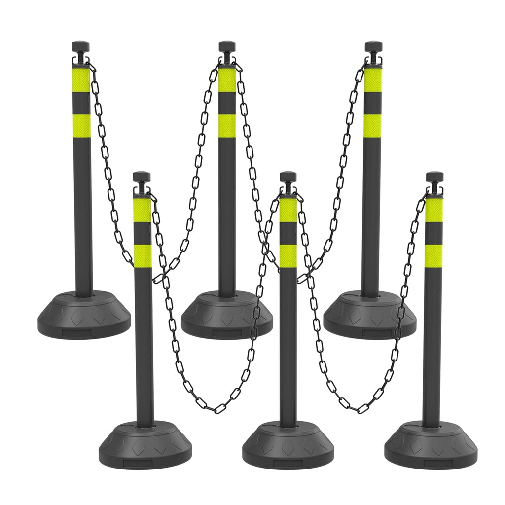 6 Pack Traffic Delineator Post Cones with Plastic Chain Crowd Control Barriers - Expandable 40" Traffic Control Cones, 6 x 6.6 Ft Chains for Indoor & Outdoor Use (Black-Water Filled Base)