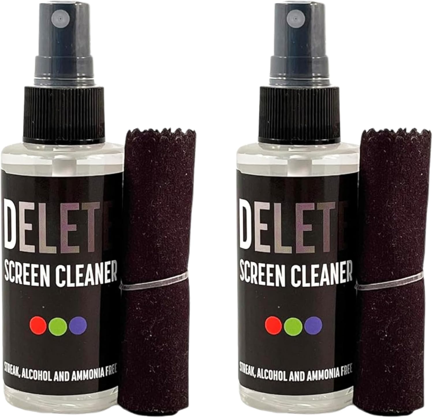 Delete Screen Cleaner Spray Kit, 2 Pack, 2oz Bottle and 2x 6"x6" Microfiber Cleaning Cloth, Streak-Free, Safe and Gentle Formula, Multi-Purpose for Travel, Small TVs, Cameras, Laptops, Phones