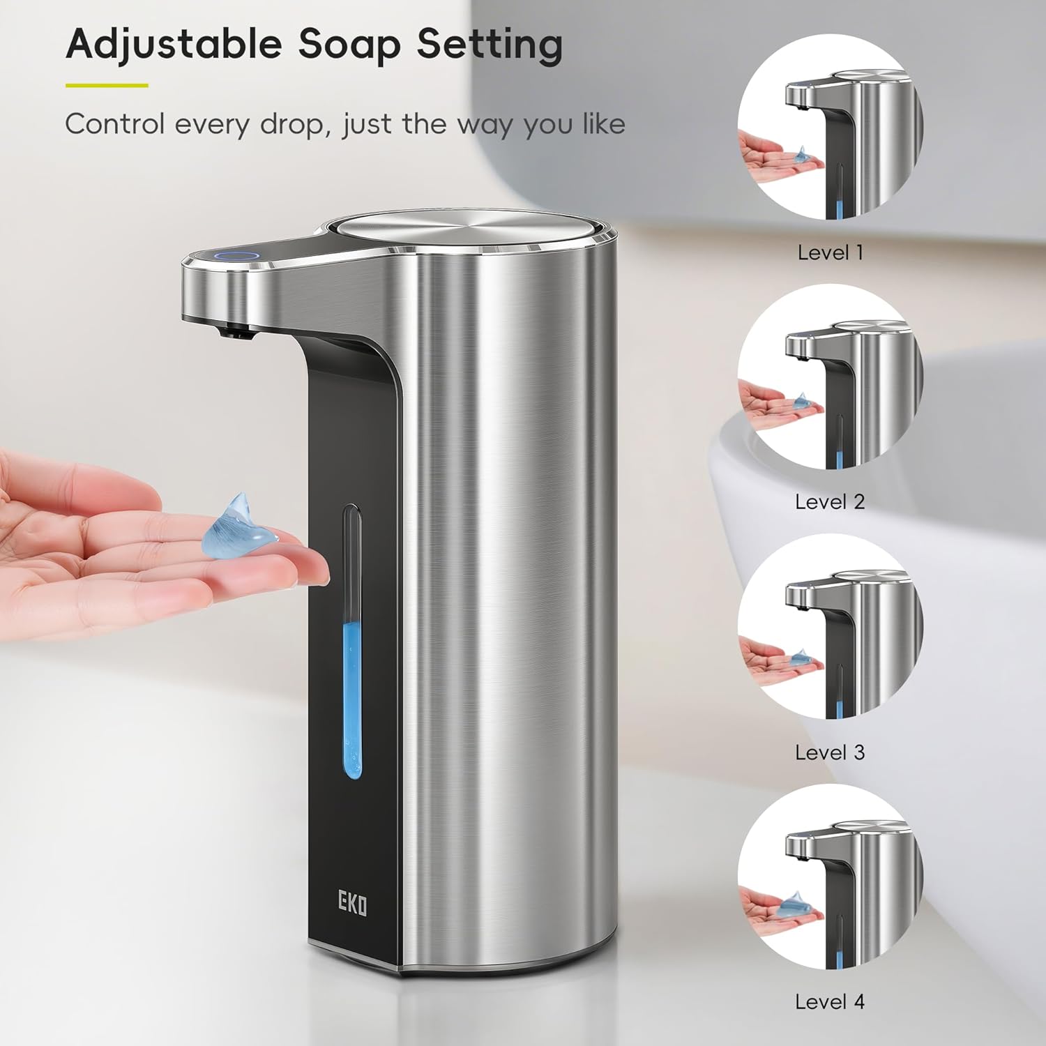 EKO Aroma Pro 13.5 fl oz Touchless Automatic Liquid Soap Dispenser, Rechargeable Hand & Dish Soap Dispenser for Bathroom and Kitchen, Waterproof, Adjustable Volume Control (Stainless Steel)