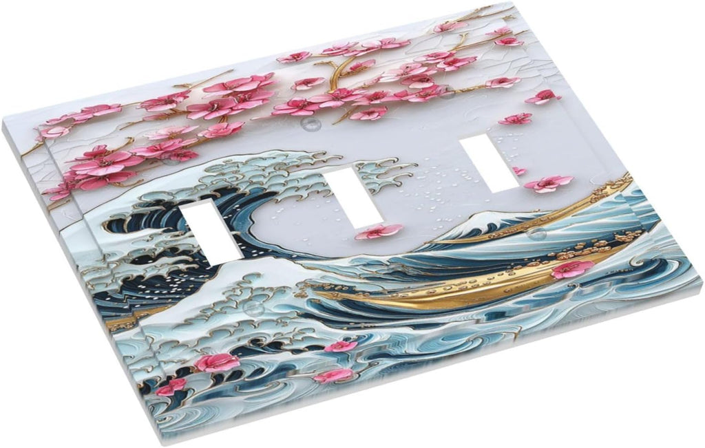 Decorative Switch Plates The Great Wave Off Kanagawa With Sakura 3 Gang Wall Plate Triple Toggle Light Switch Cover Faceplate Electrical Wall Panels for Bedroom Bathroom Decor
