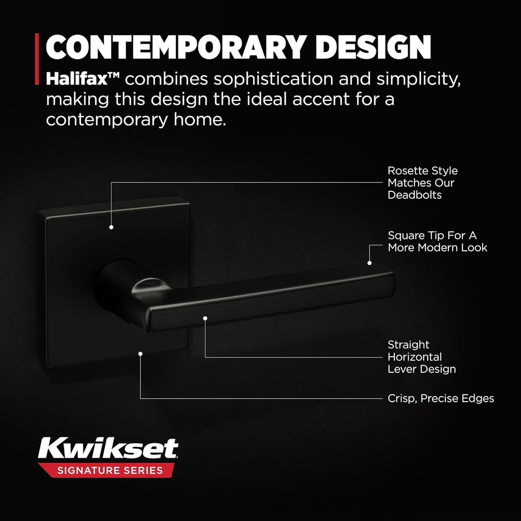 Kwikset Halifax Interior Passage Door Handle, Lever For Closet and Hallway Doors, Reversible Non-Locking Handle Lever, Matte Black, with Microban Protection, Square Rose