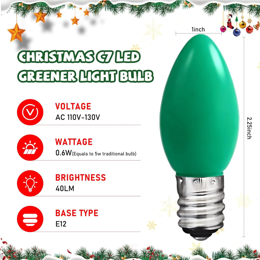 C7 Green LED Light Bulb,25 Pack 0.6w C7 Ceramic Replacement Christmas Lights with E12 Base,Green Outdoor Light Bulb for Chandelier Window Candle Christmas String Lights