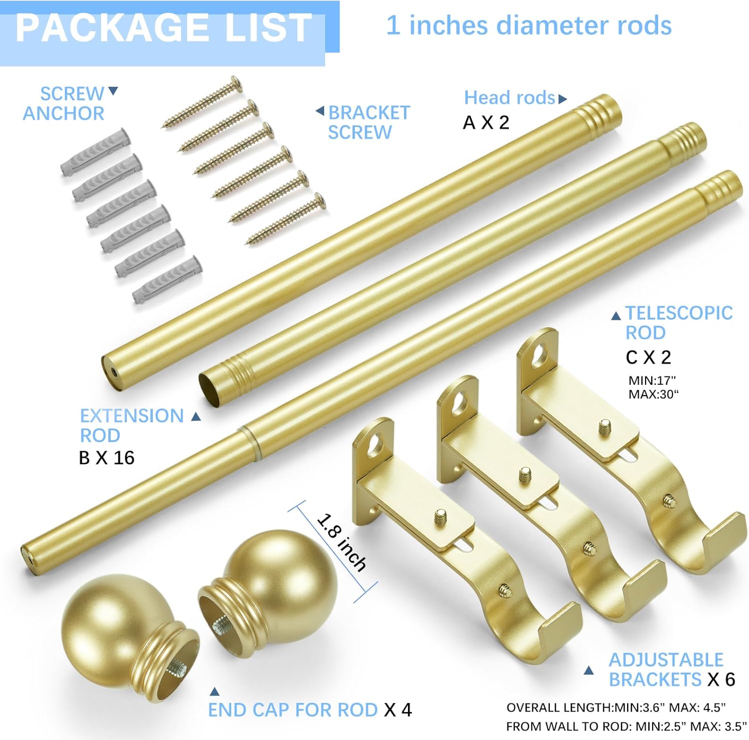 Curtain Rods for Windows 16 to 150 Inches, Curtain Rod Max Adjustable Length of 160 IN, 1" Diameter Drapery Rods Round Finials, Warm Gold, Pack of 2