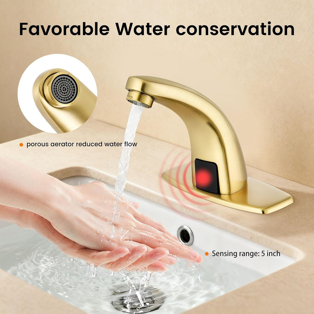 Touchless Bathroom Sink Faucet，Automatic Motion Sensor Faucets with Deck Plate for Commercial Lavatory Gold Plated