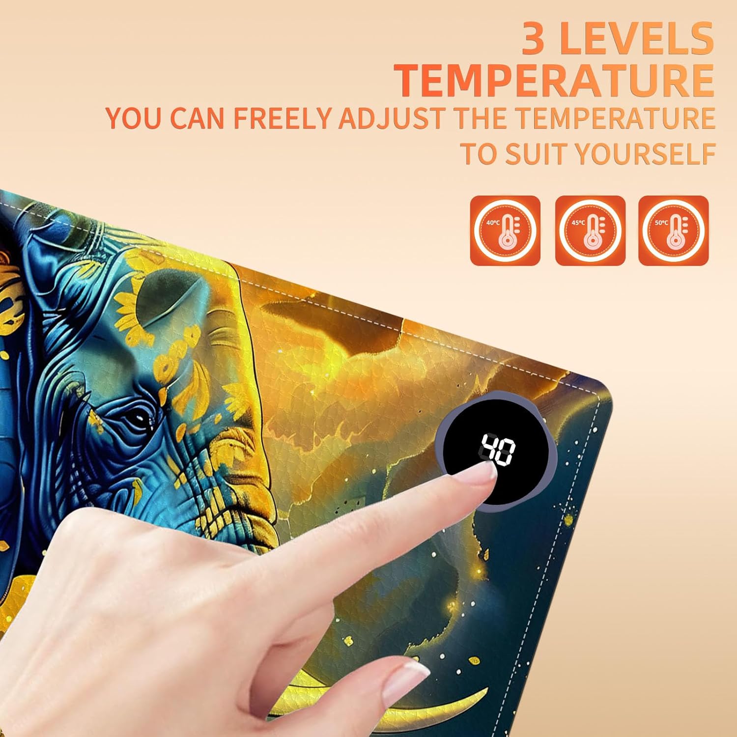 Heated Mouse Pad, Warm Desk Pad, Keyboard Mat 31.5 x 13 Inch Large Size Intelligent Fast Heating, 3 Speed Adjustable, Timed Auto Power Off for Game Office Home,Elephant in Sunflower Field